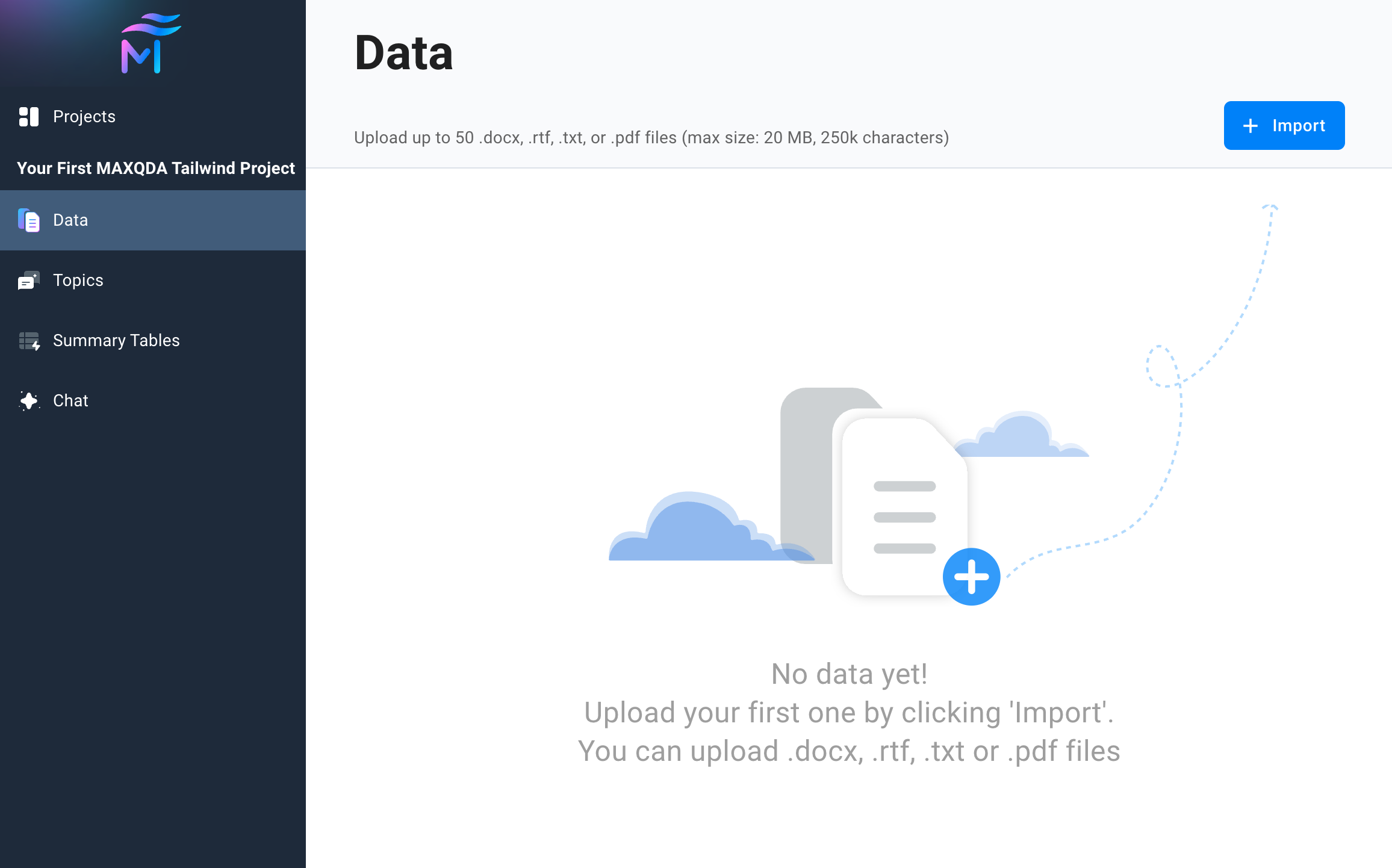 Screenshot of MAXQDA Tailwind empty Data Dashboard