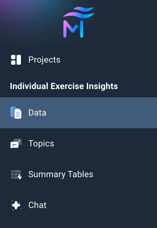 Screenshot of the siderbar navigation menu options with example project "Individual Exercise Insights" open