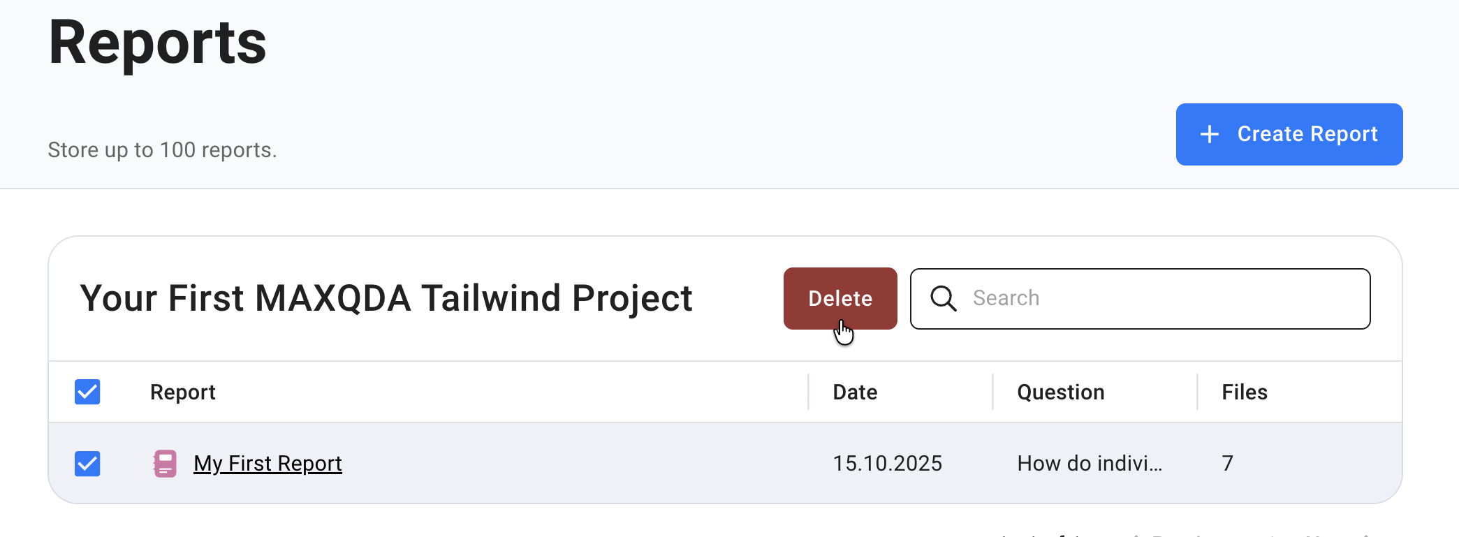 Deleting a MAXQDA Tailwind Report