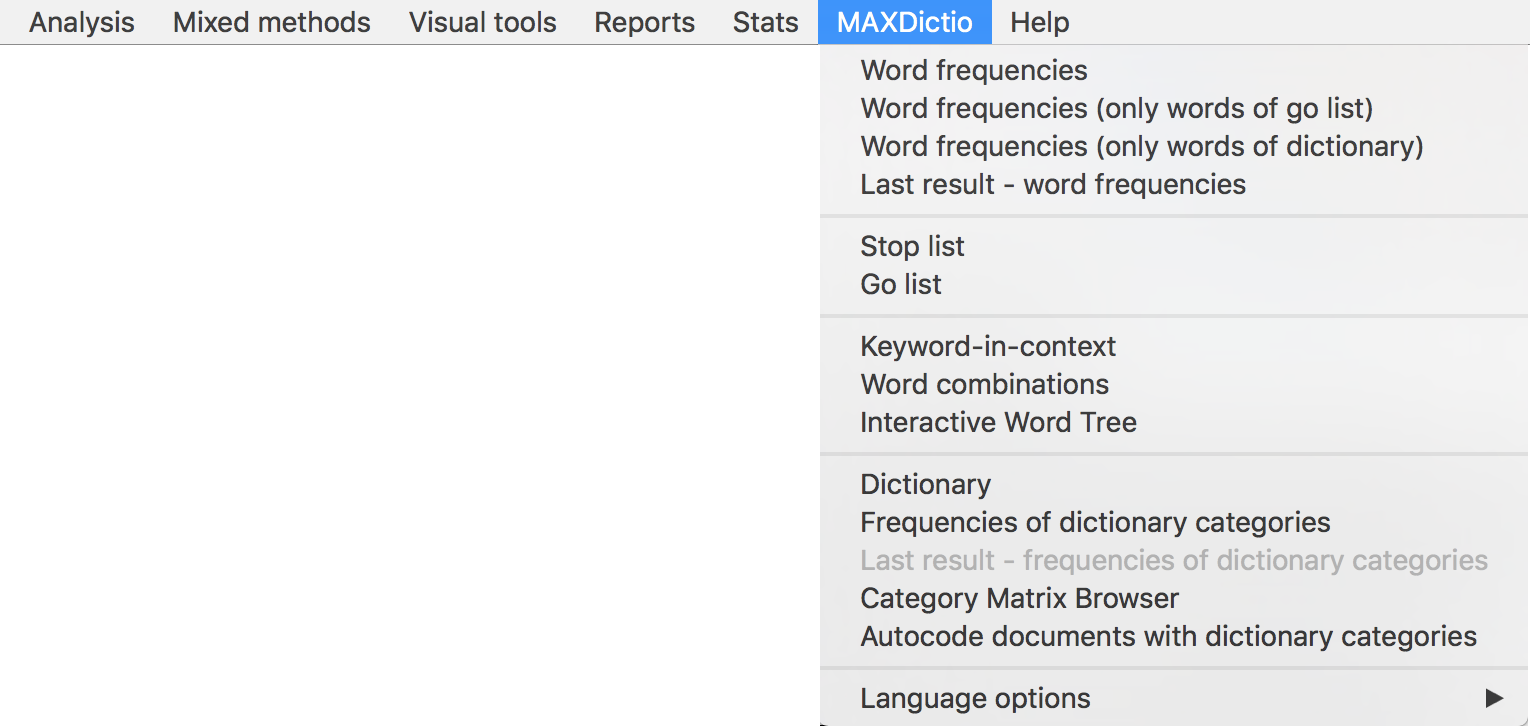 By clicking on MAXDictio, a pull-down menu will open and you can select one of the offered options By clicking on MAXDictio, a pull-down menu will open and you can select one of the offered options