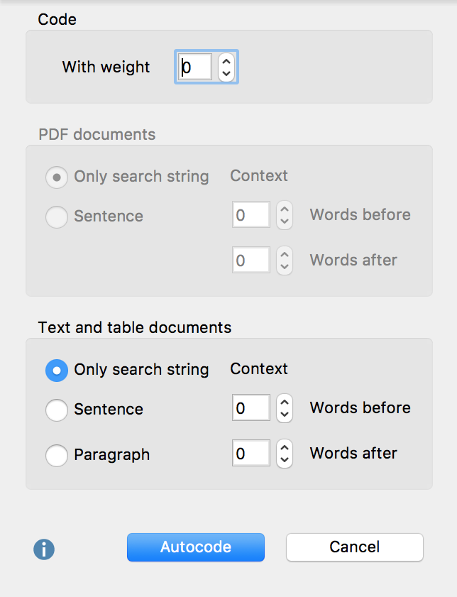 Options for autocoding: set weight and text range Options for autocoding: set weight and text range