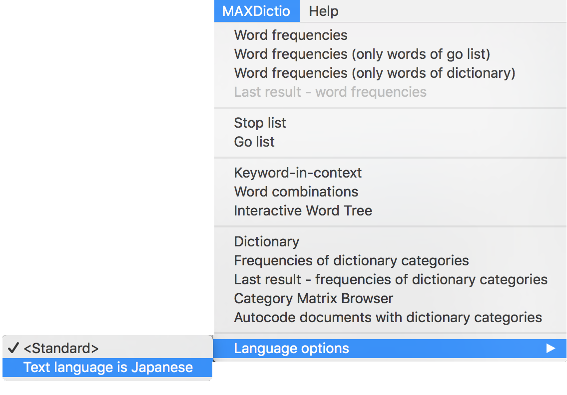 Select option for Japanese text in the MAXDictio menu Select option for Japanese text in the MAXDictio menu