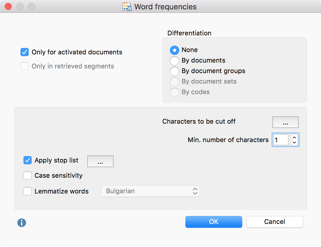 Before starting the “Word frequency” function you have to choose several options Before starting the “Word frequency” function you have to choose several options