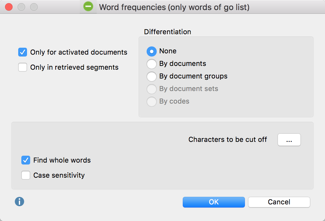 Options dialog for Word frequencies (only words of go list) function Options dialog for Word frequencies (only words of go list) function