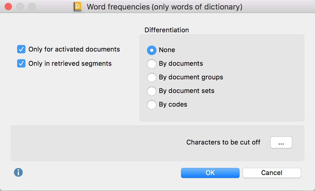 Option dialog “Word frequencies – Count only dictionary words” Option dialog “Word frequencies – Count only dictionary words”