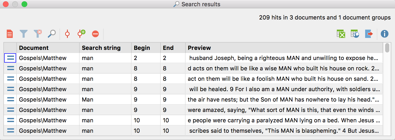 The “Search results” window for the word “man” The “Search results” window for the word “man”