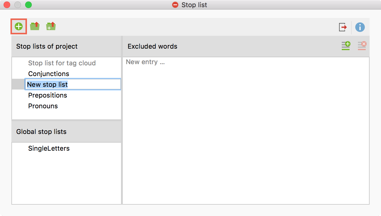 Icon for adding a new stop list to a project Icon for adding a new stop list to a project