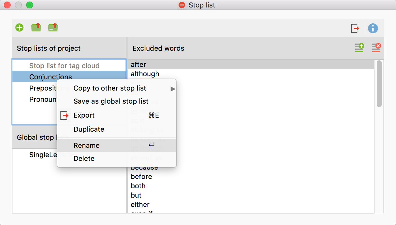Stop list functions in the context menu Stop list functions in the context menu