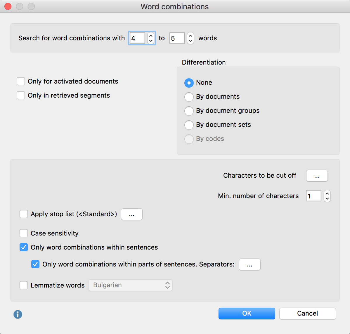 Set options for defining word combinations Set options for defining word combinations