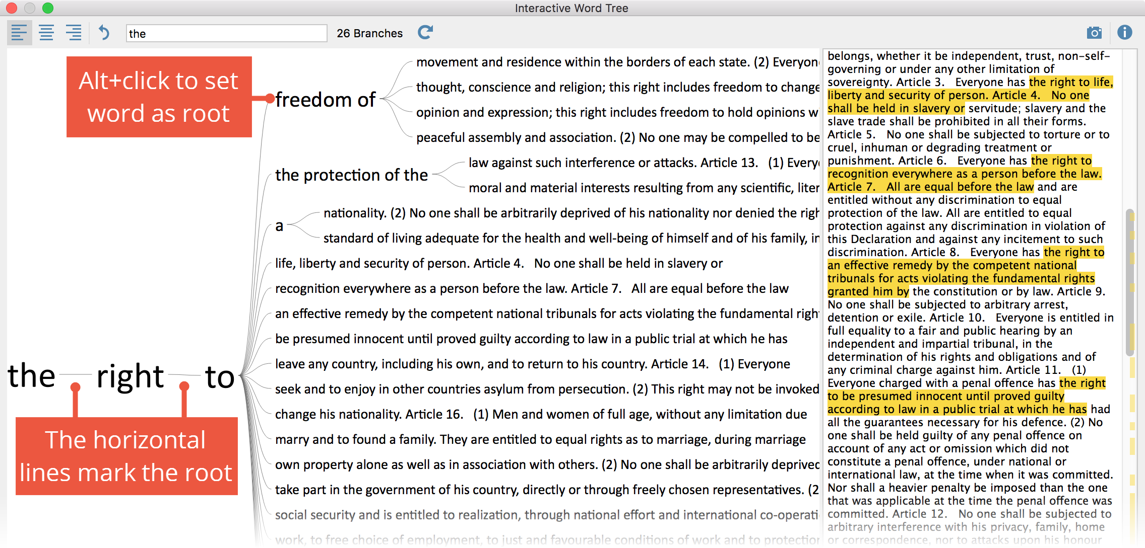 Display of the updated Word Tree: The root of the tree is now “the right to”. Display of the updated Word Tree: The root of the tree is now “the right to”.