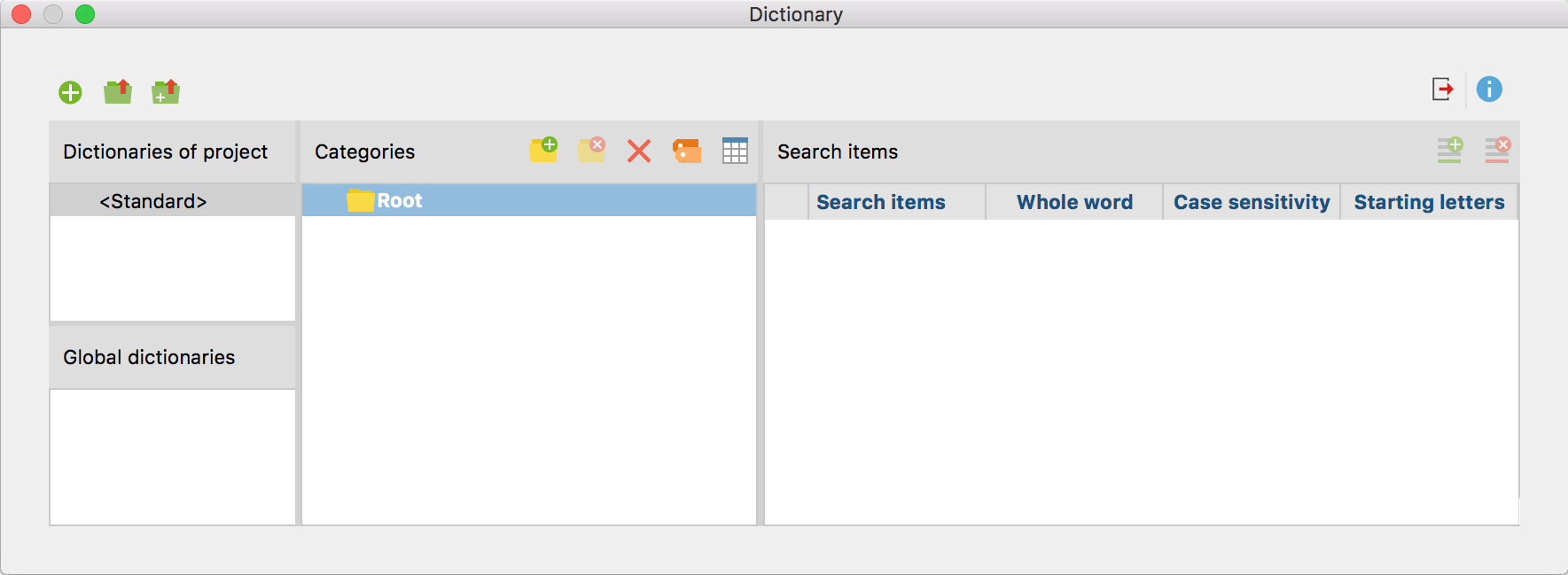 Window for managing dictionaries Window for managing dictionaries