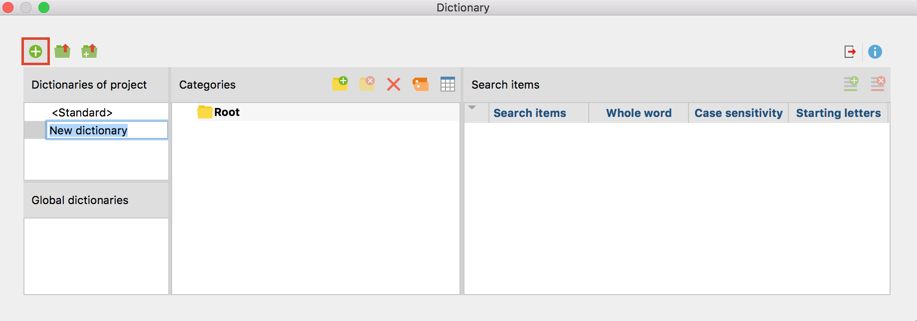 Icon for adding a new dictionary to the project Icon for adding a new dictionary to the project