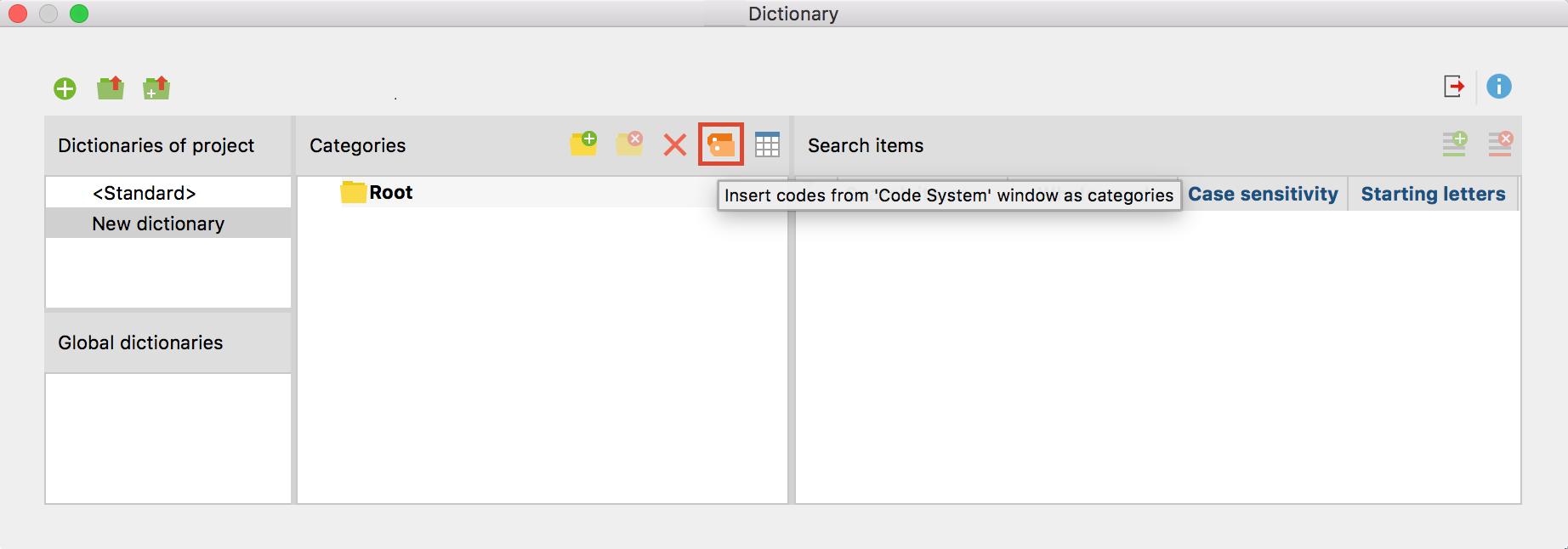 Insert categories from the “Code System” window Insert categories from the “Code System” window