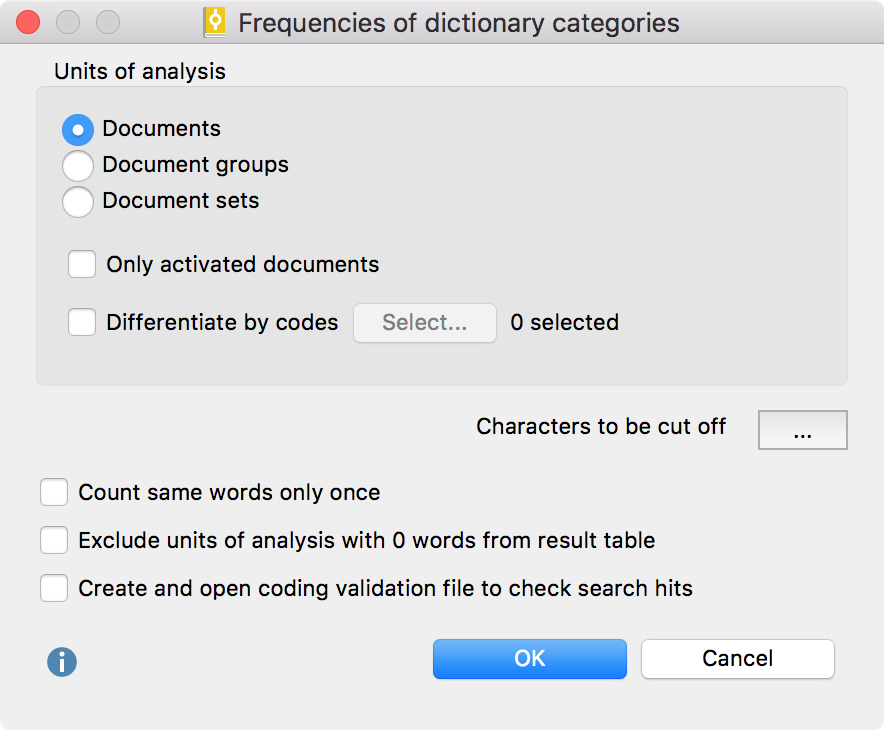 Options dialog for the “Quantitative Content Anaylsis” function Options dialog for the “Quantitative Content Anaylsis” function