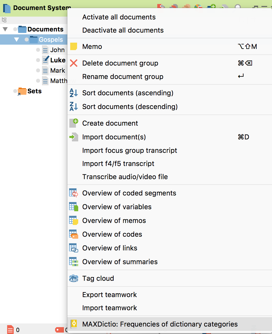Opening the function “Frequencies of dictionary categories” via right-clicking on a document group Opening the function “Frequencies of dictionary categories” via right-clicking on a document group
