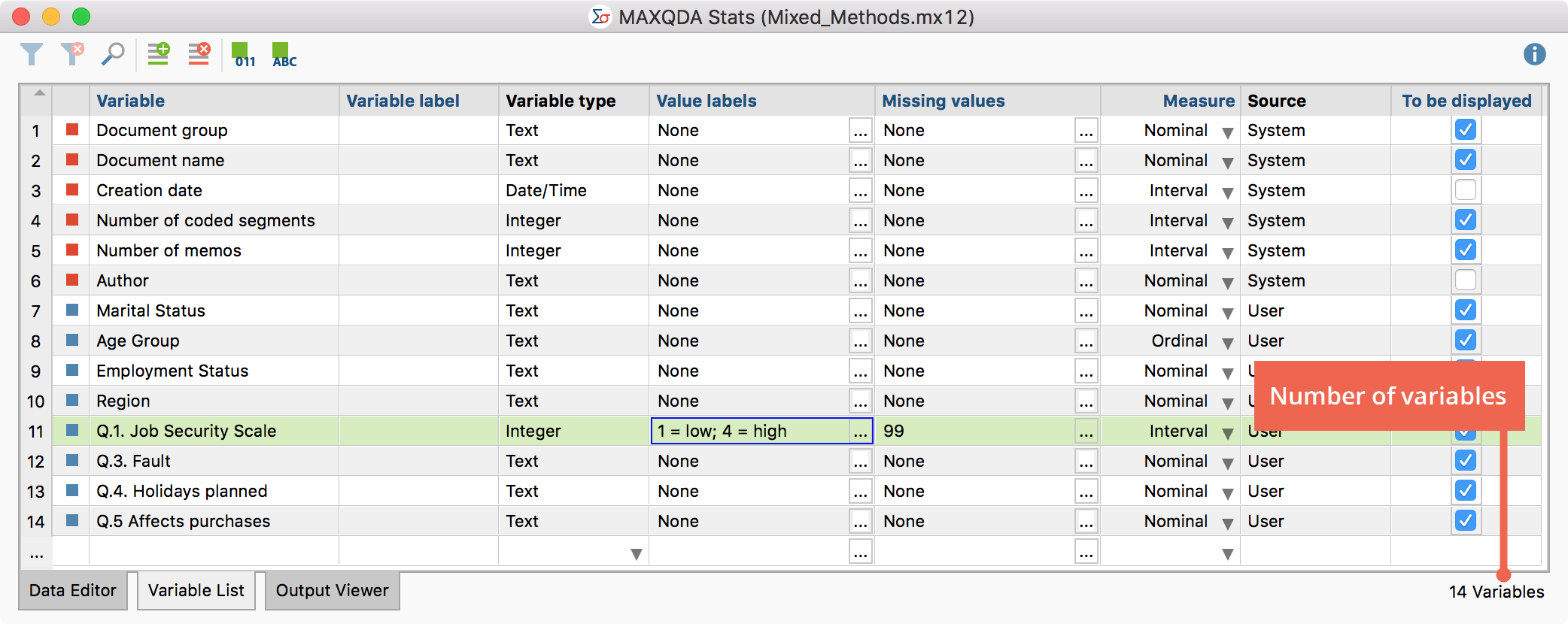 The Variable List in MAXQDA Stats The Variable List in MAXQDA Stats
