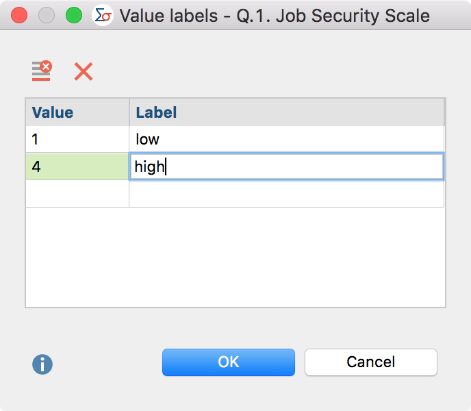 Dialog box for creation of a Value Label Dialog box for creation of a Value Label