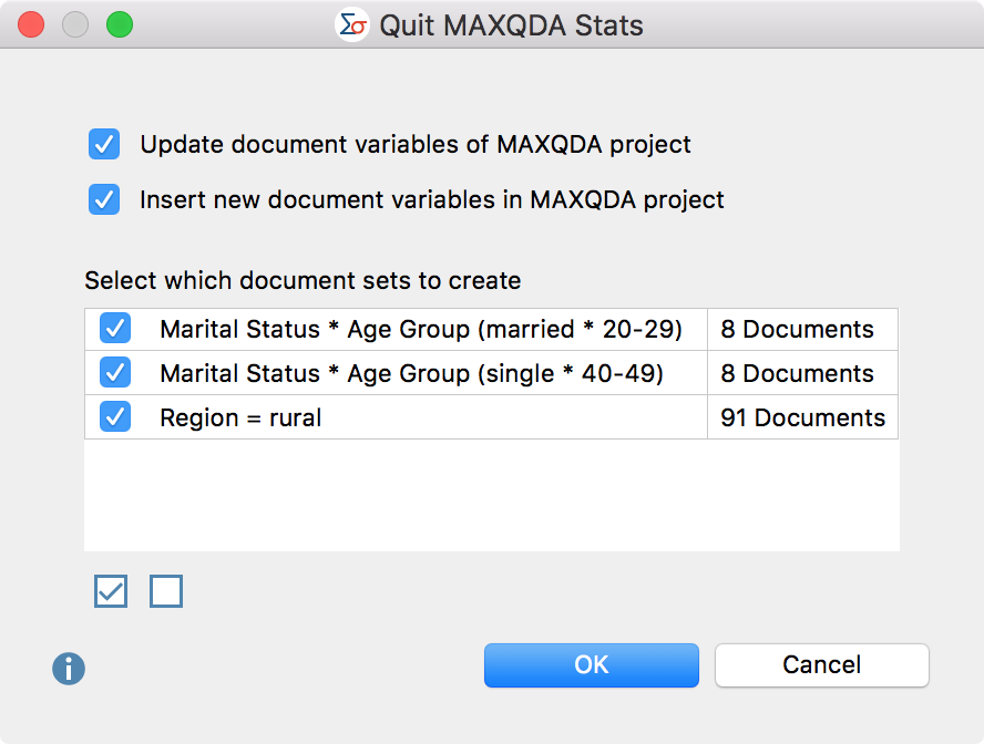 Options window for closing MAXQDA Stats