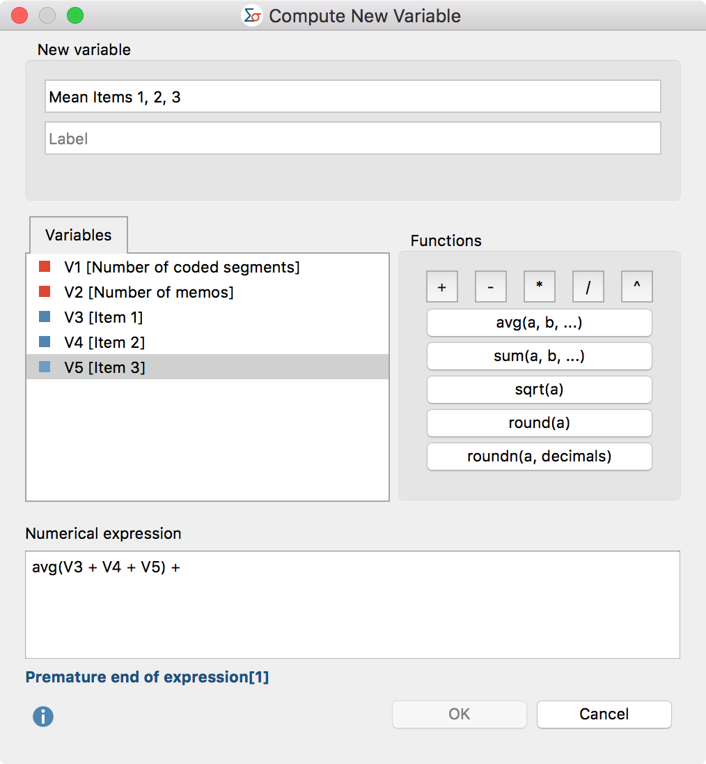 Window for calculation of new variables Window for calculation of new variables