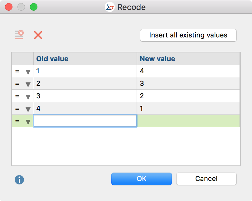 Dialog box for input of values to be recoded Dialog box for input of values to be recoded