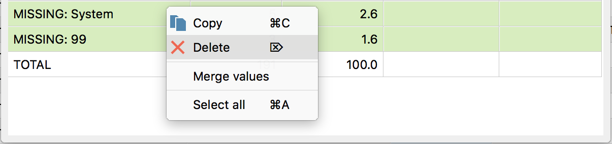 Delete rows from the results table using the context menu Delete rows from the results table using the context menu