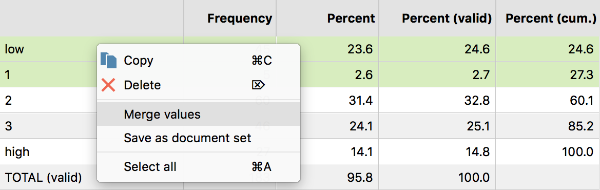 Merge multiple values using the context menu Merge multiple values using the context menu