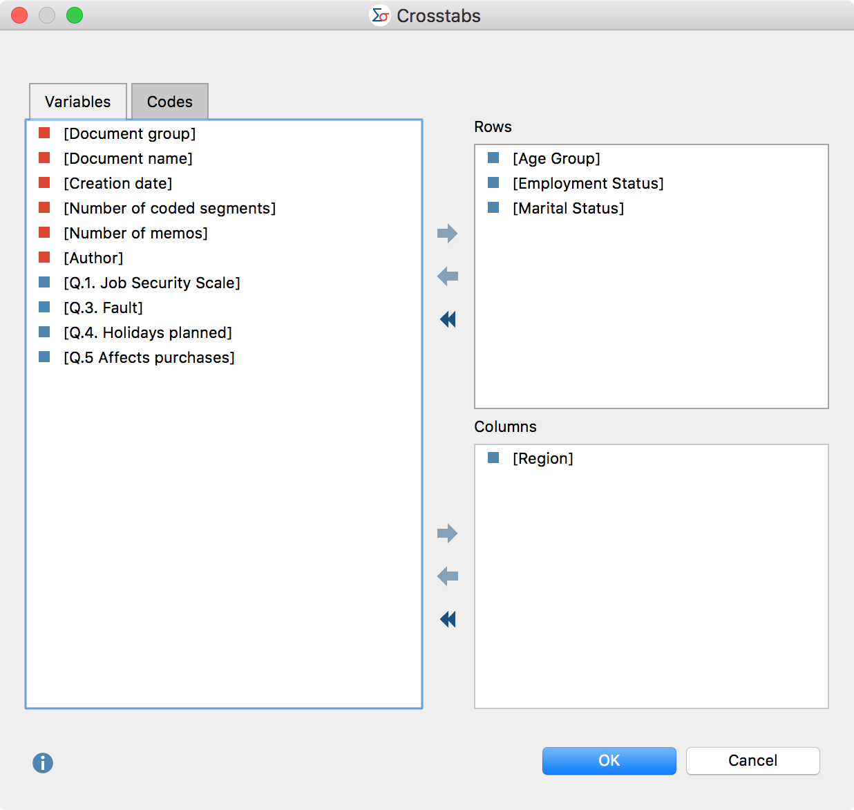 Dialog box for selection of rows and columns in the crosstab Dialog box for selection of rows and columns in the crosstab