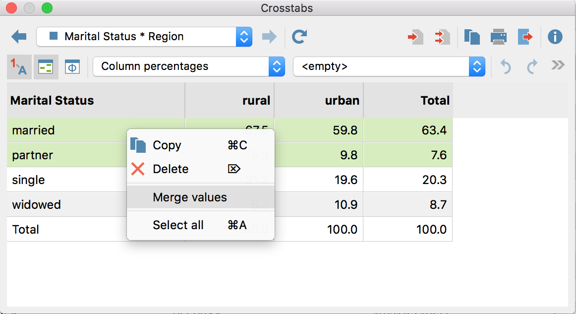 Merge multiple values using the context menu Merge multiple values using the context menu