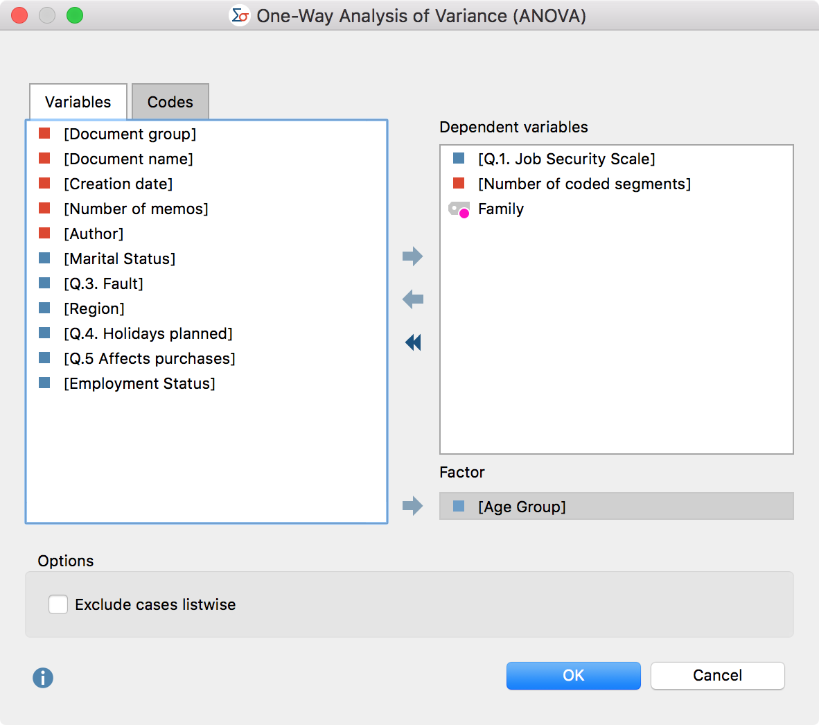 Dialog box for the selection of the dependent variables and the factor for the variance analysis Dialog box for the selection of the dependent variables and the factor for the variance analysis