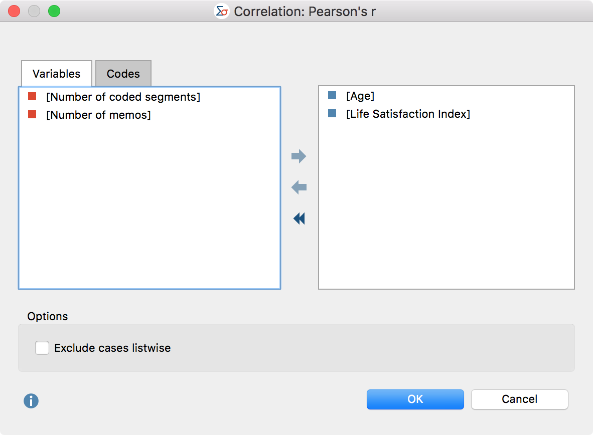 Dialog box for selecting variables to calculate correlation (pictured here: Pearson’s r) Dialog box for selecting variables to calculate correlation (pictured here: Pearson’s r)