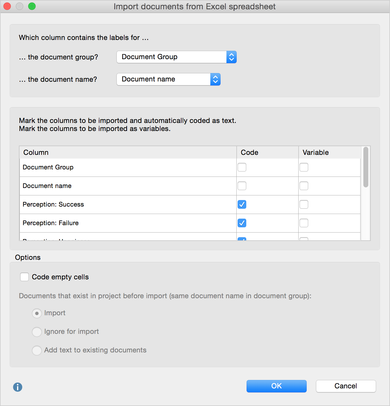 Settings for importing documents from an Excel spreadsheet Settings for importing documents from an Excel spreadsheet