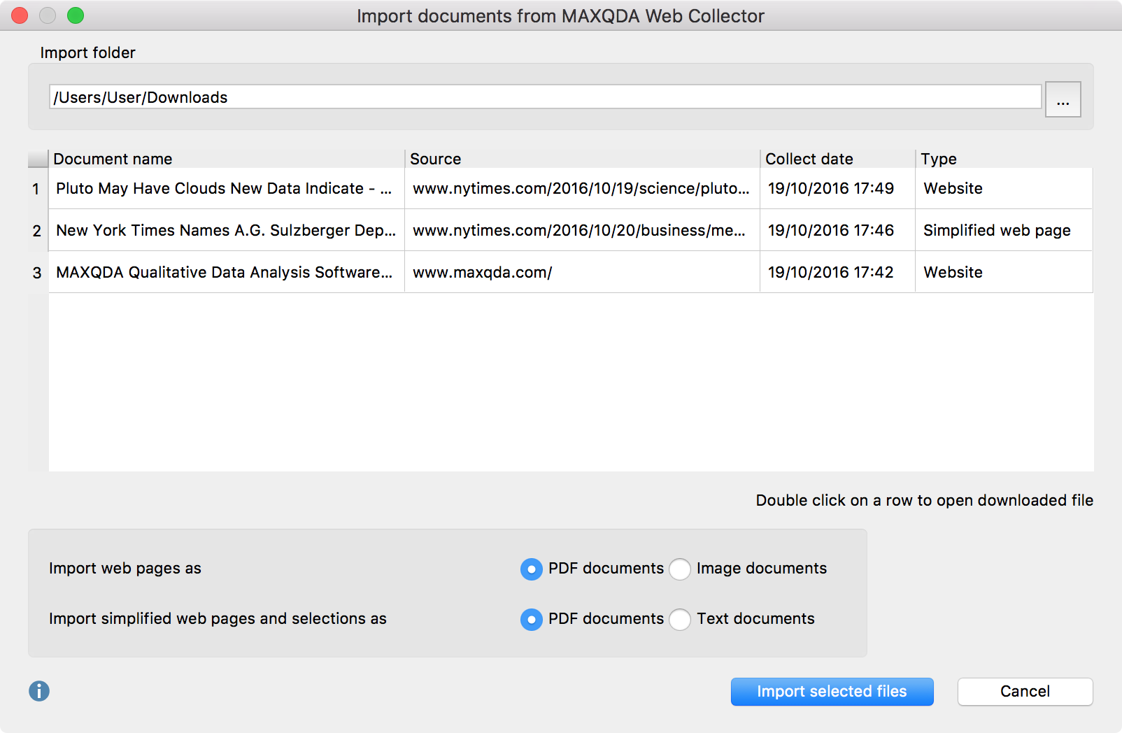 Dialog window for the import of documents that have been saved with the Web Collector Dialog window for the import of documents that have been saved with the Web Collector