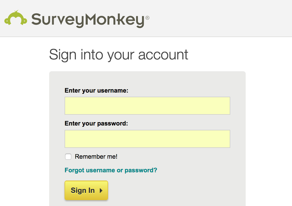Login page for SurveyMonkey in the Internet browser Login page for SurveyMonkey in the Internet browser