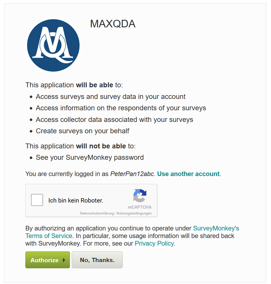 Authorization of SurveyMonkey in your browser window Authorization of SurveyMonkey in your browser window