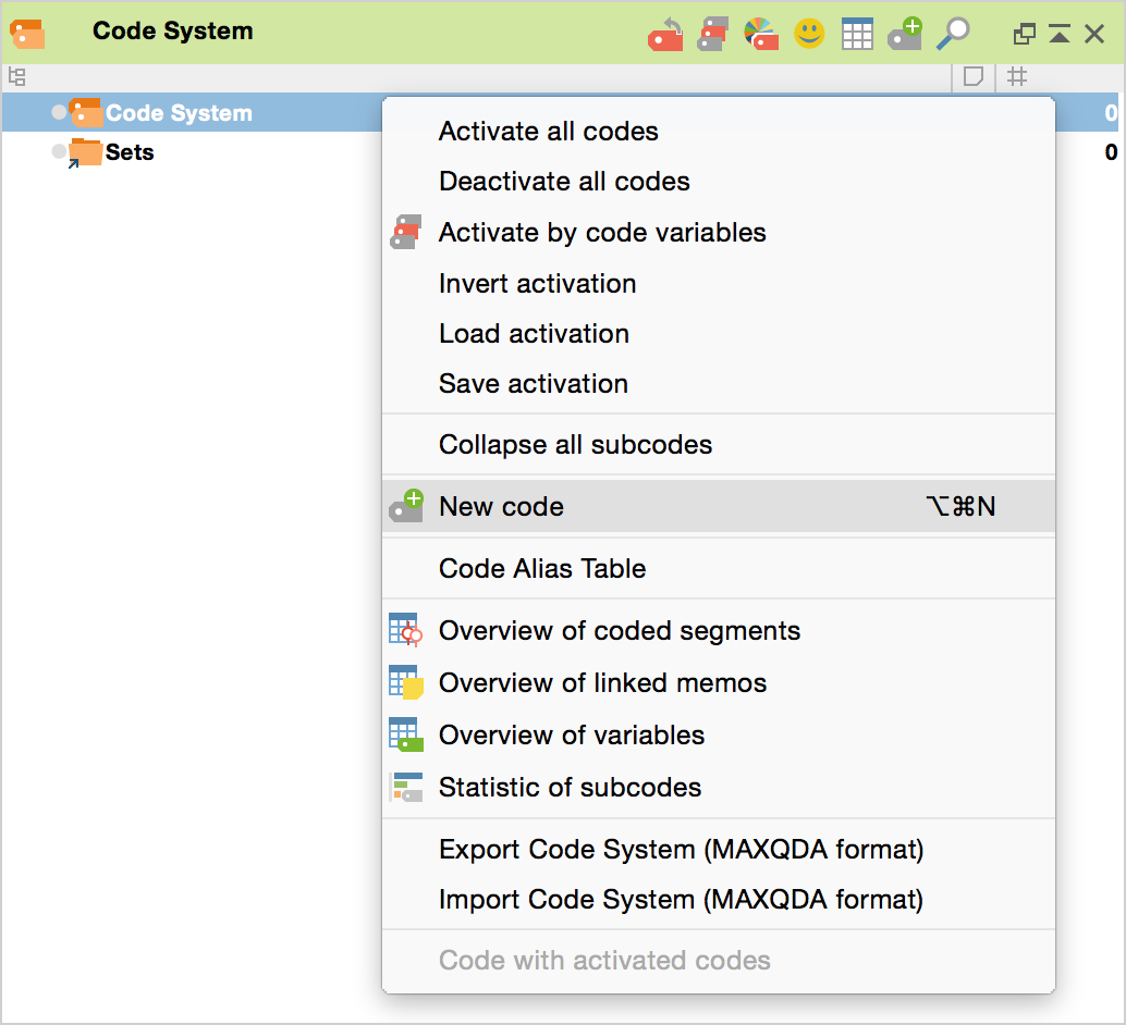 Creating a new code with the context menu Creating a new code with the context menu