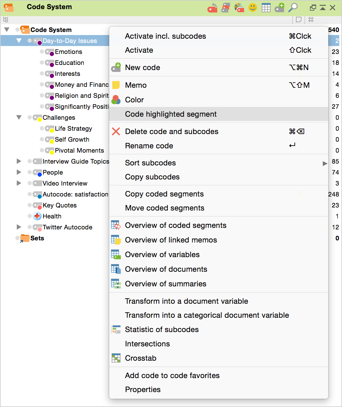 Using the context menu in the “Code System” Using the context menu in the “Code System”