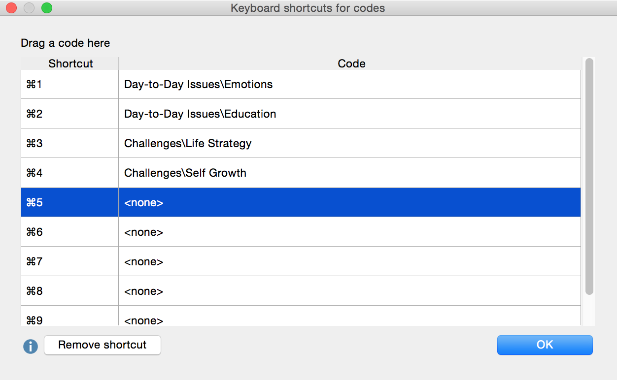 The “Keyboard shortcuts for codes” window The “Keyboard shortcuts for codes” window