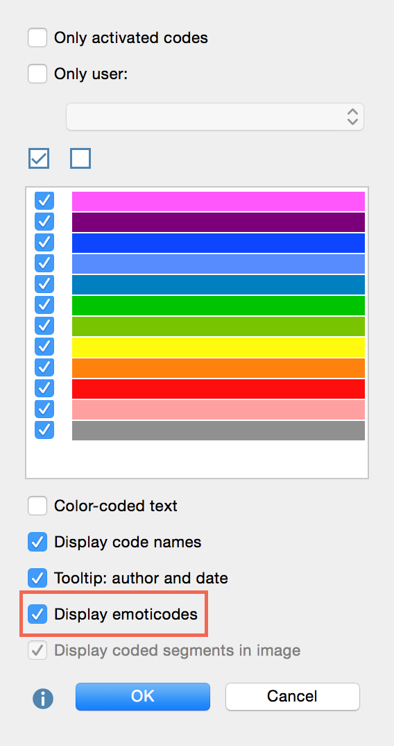 Select “Display emoticodes” to emoticodes on the coding stripe Select “Display emoticodes” to emoticodes on the coding stripe