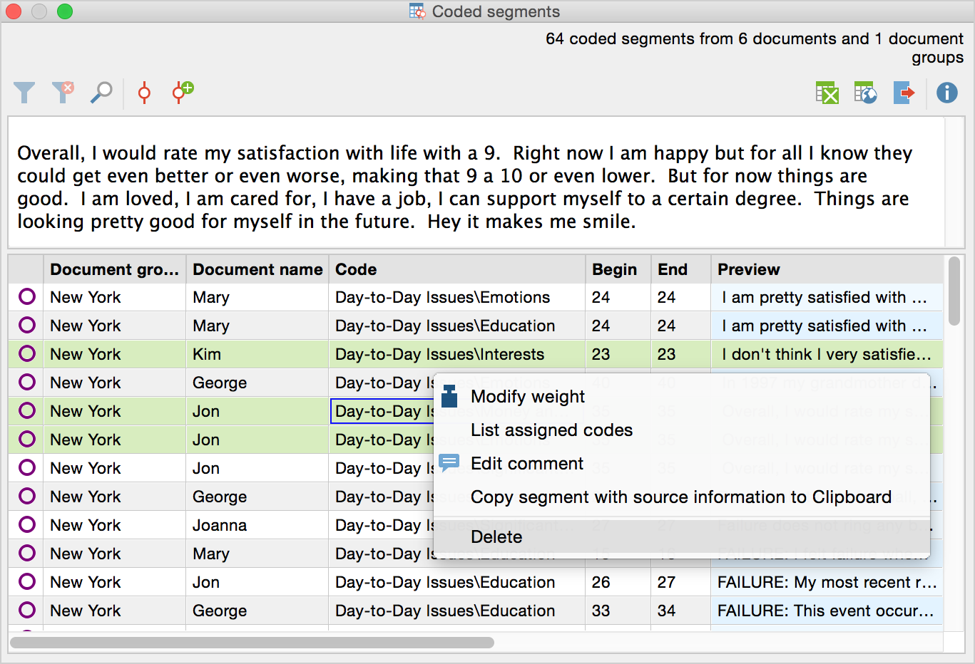 Deleting multiple coded segments in the “Overview of Codes“ Deleting multiple coded segments in the “Overview of Codes“