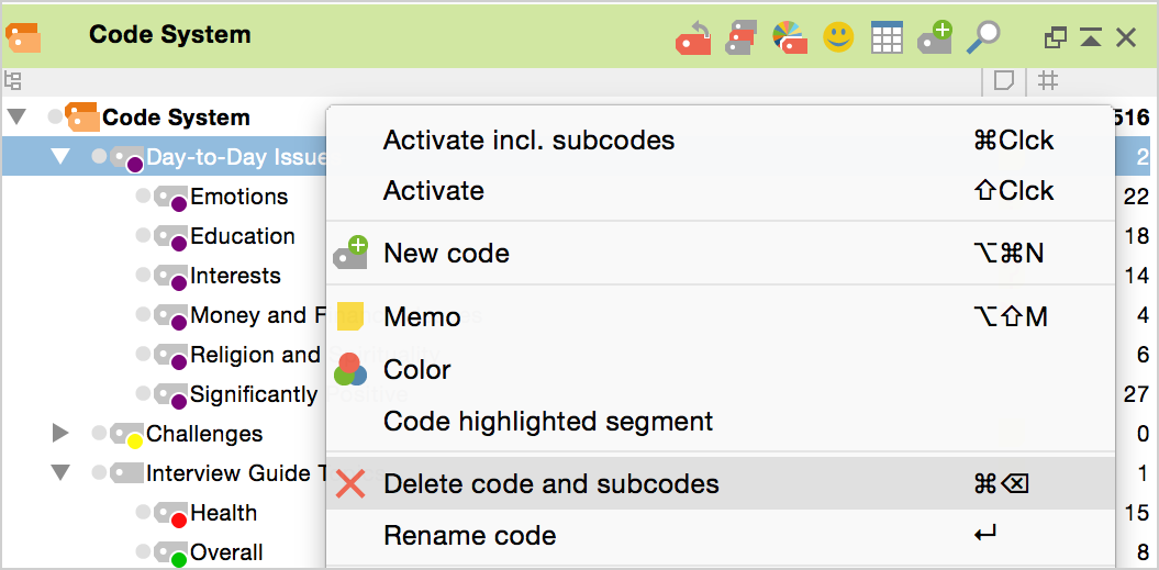 Deleting a code from the context menu Deleting a code from the context menu