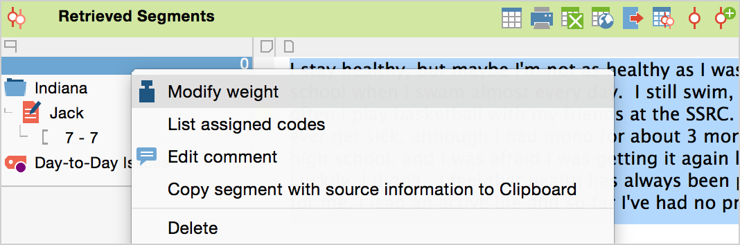 Changing the weight score in the “Retrieved Segments” window Changing the weight score in the “Retrieved Segments” window
