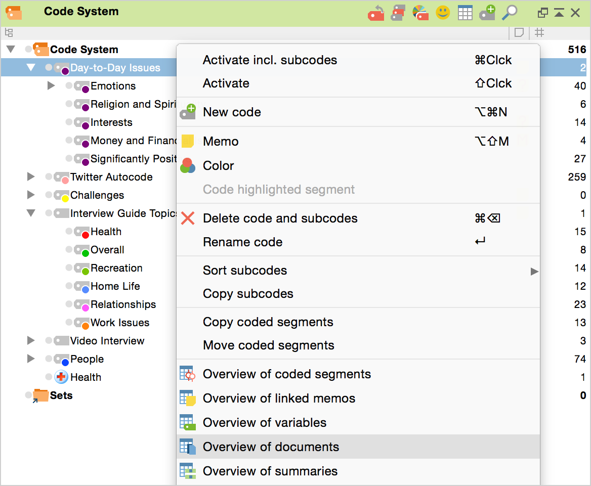 The “Overview of documents” in the context menu The “Overview of documents” in the context menu