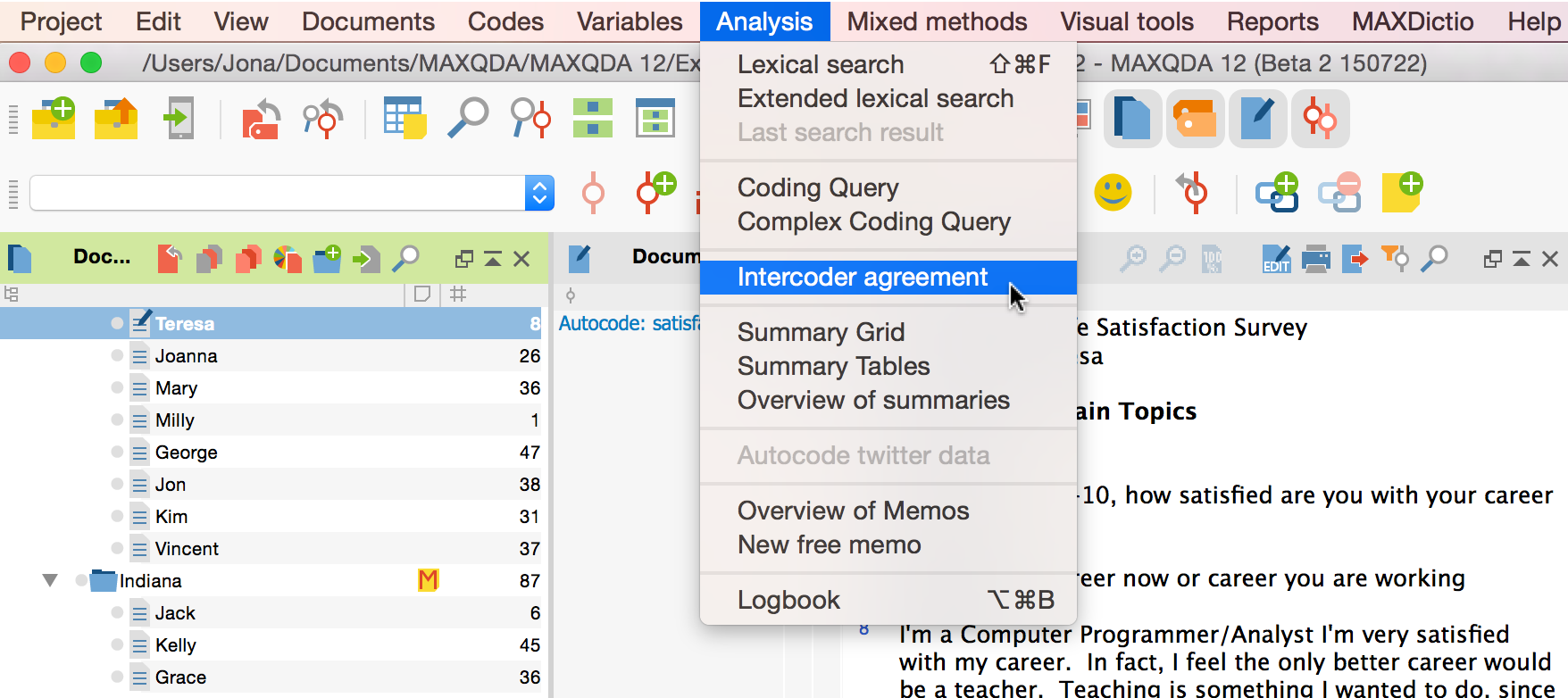 Starting the Intercoder Agreement function via the Analysis menu Starting the Intercoder Agreement function via the Analysis menu