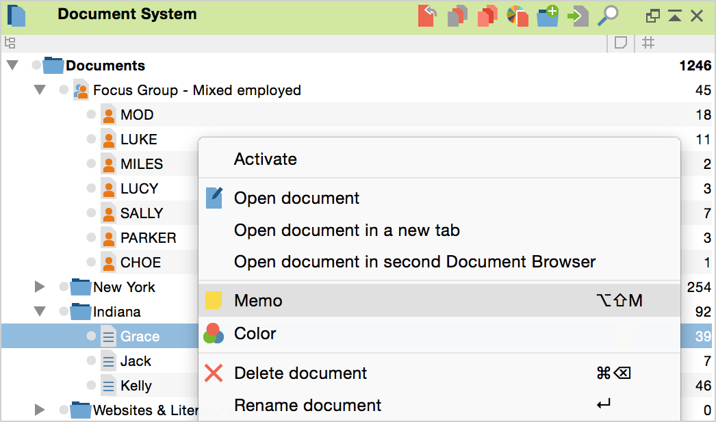 Creating a memo for a document from the context menu Creating a memo for a document from the context menu