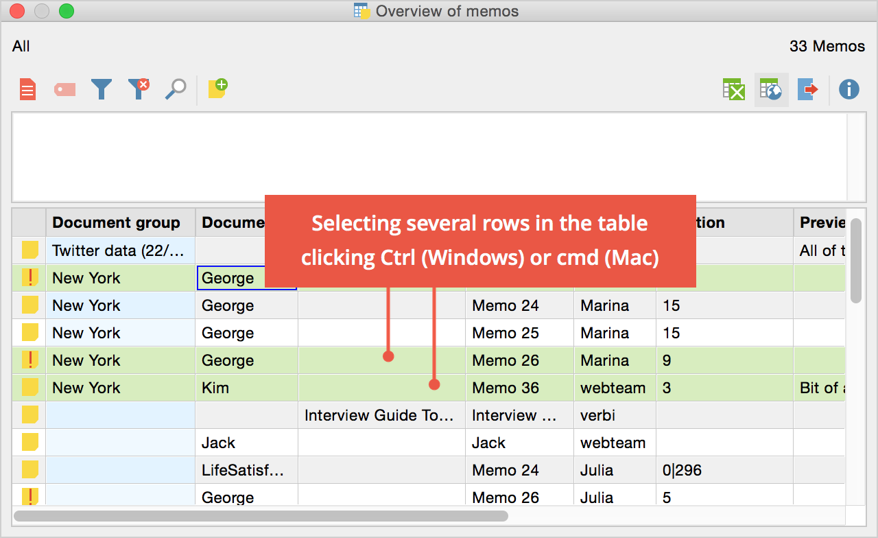 Selected memos are green in the memo table Selected memos are green in the memo table