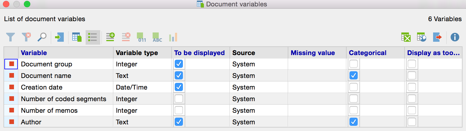 System Variables in the “List of document variables” System Variables in the “List of document variables”