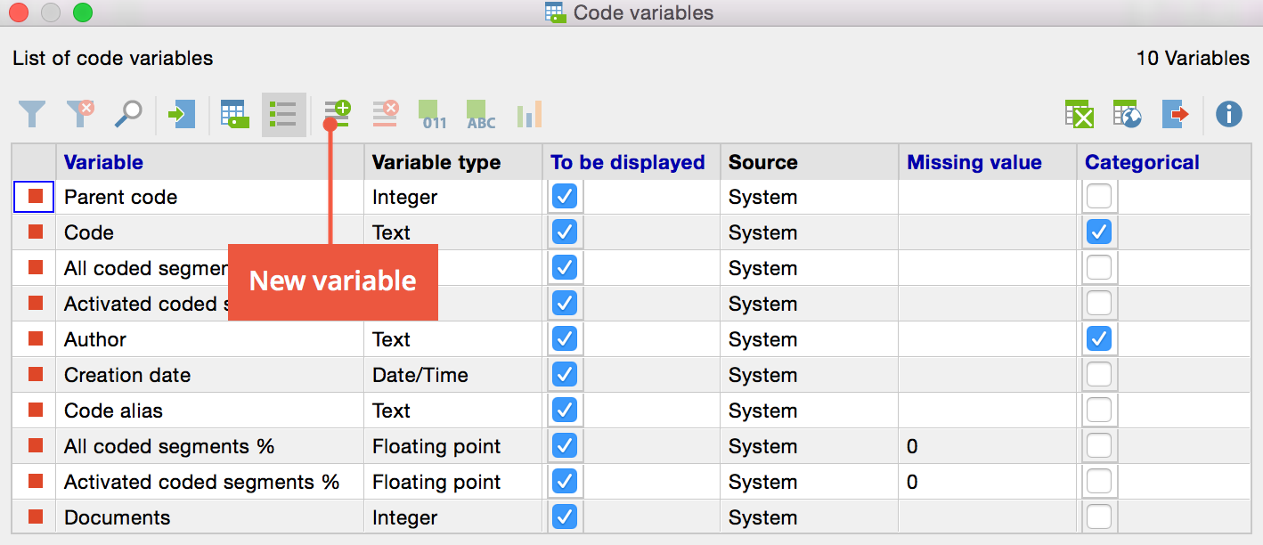 Creating a new variable with the icon in the toolbar Creating a new variable with the icon in the toolbar