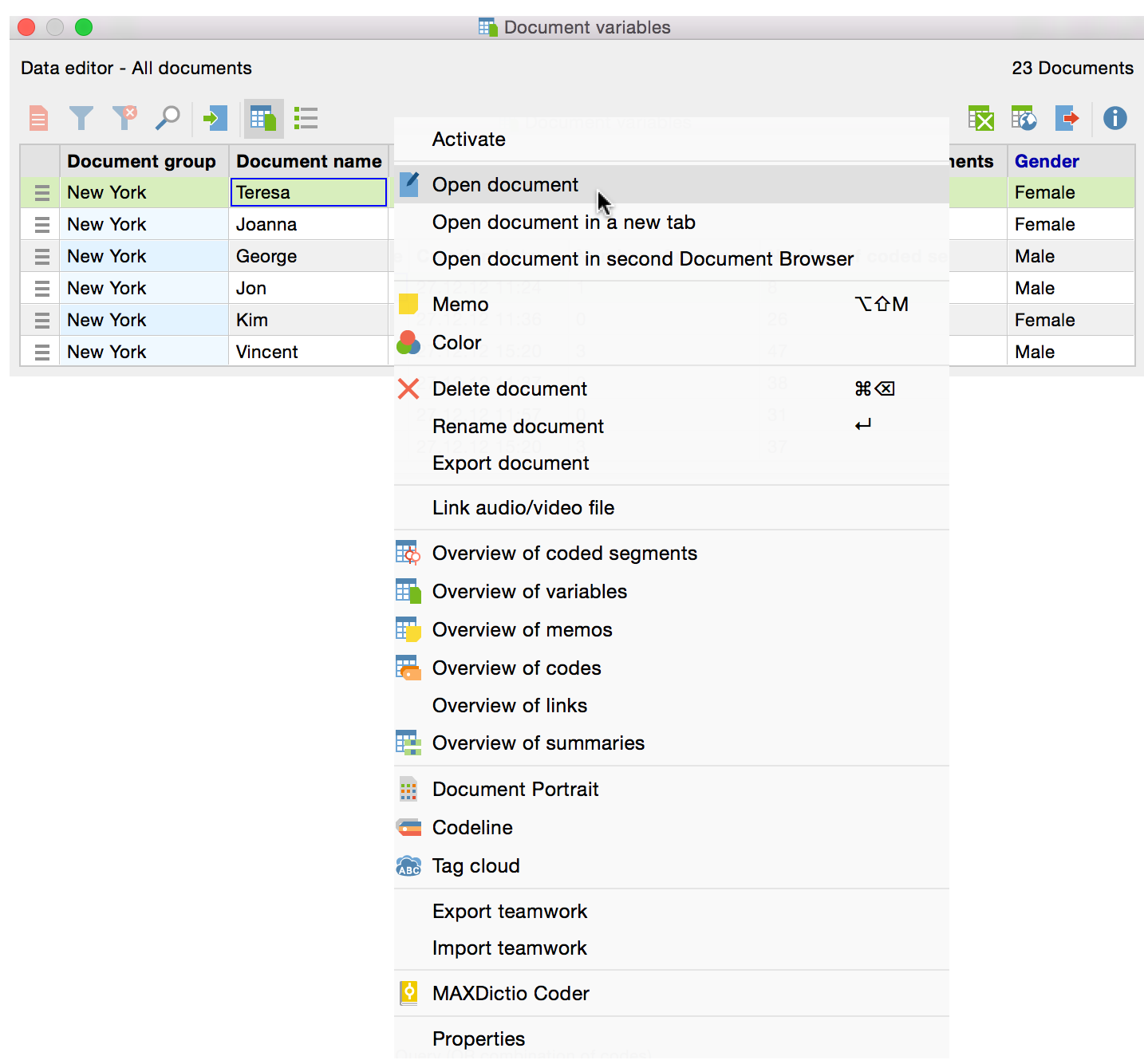 Context menu in “Data editor (document variables)” Context menu in “Data editor (document variables)”