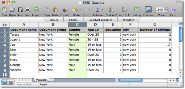 Exported data matrix in Excel Exported data matrix in Excel