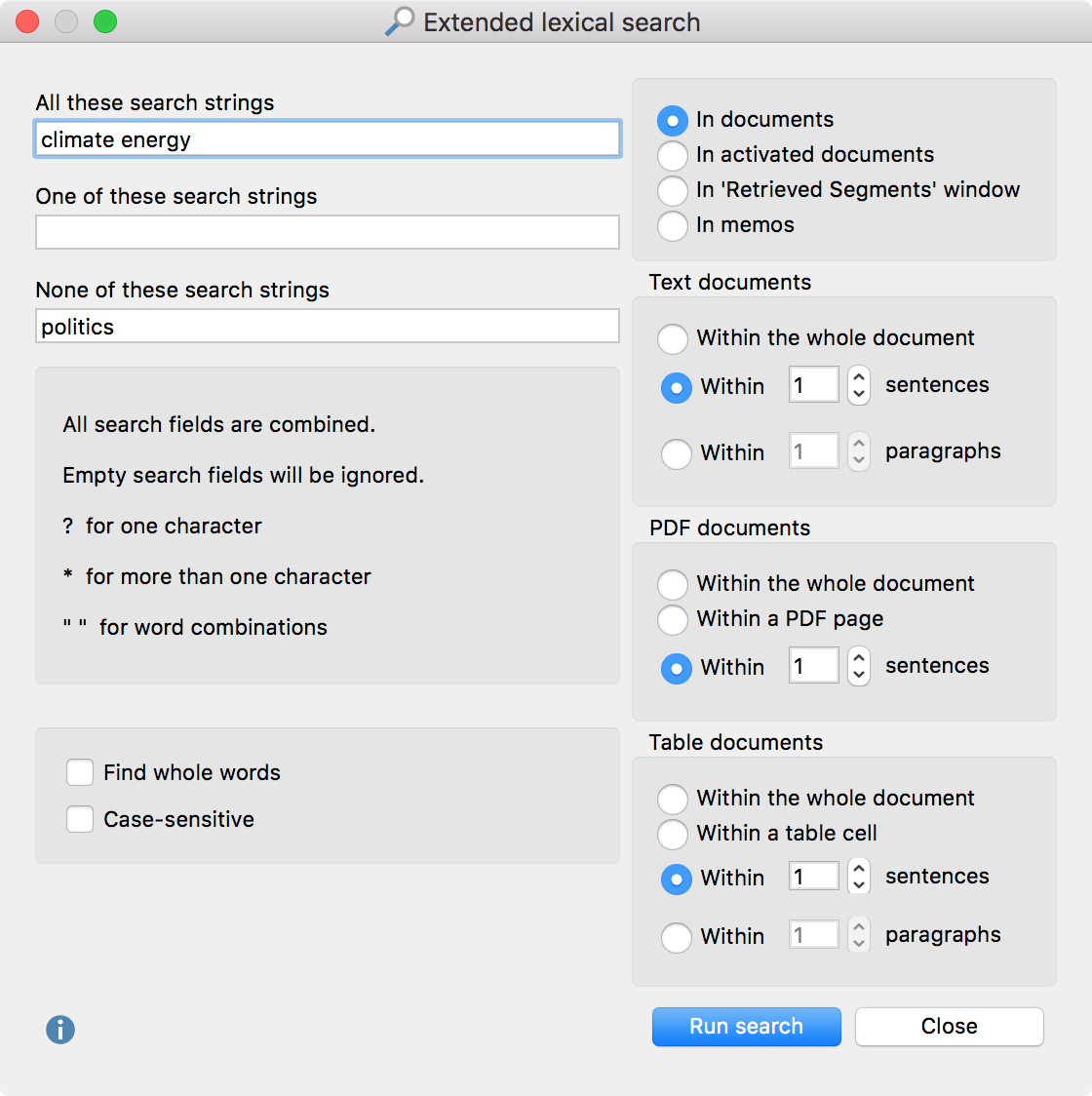Extended lexical search dialog Extended lexical search dialog